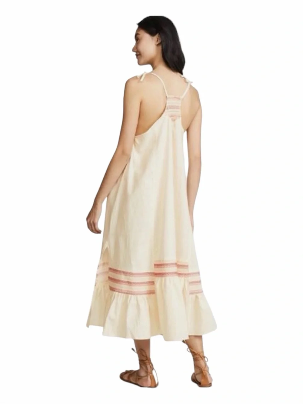 Free People Cream Smocked Tie-Strap Midi Dress with Pink Embroidery Size M